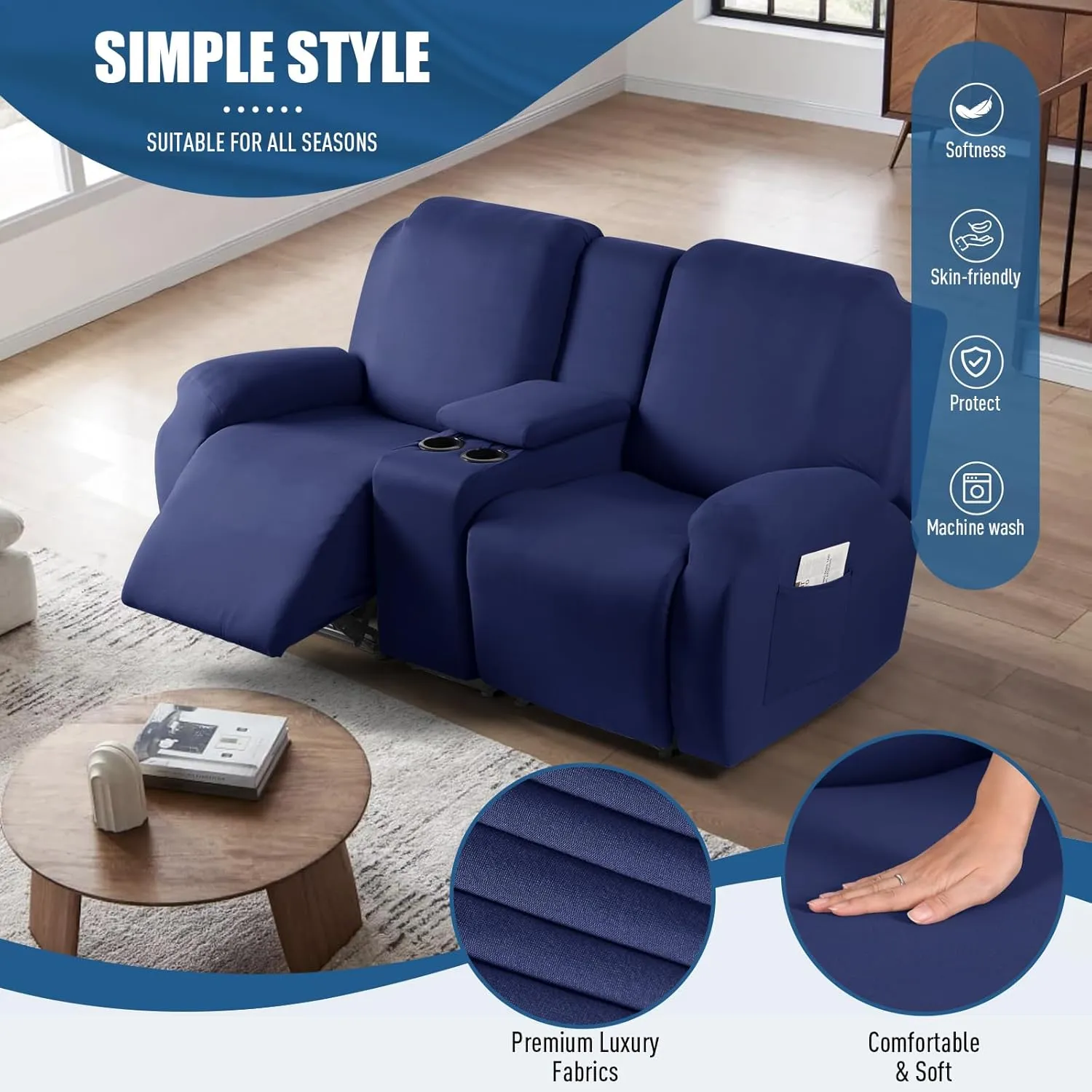 TAOCOCO Recliner Loveseat Cover with Middle Console 4 Pieces Recliner Sofa Cover Polyester Fabric Stretch Loveseat Reclining Sofa Covers, Washable (Dark Blue, 2 Seat Recliner Cover with Console)