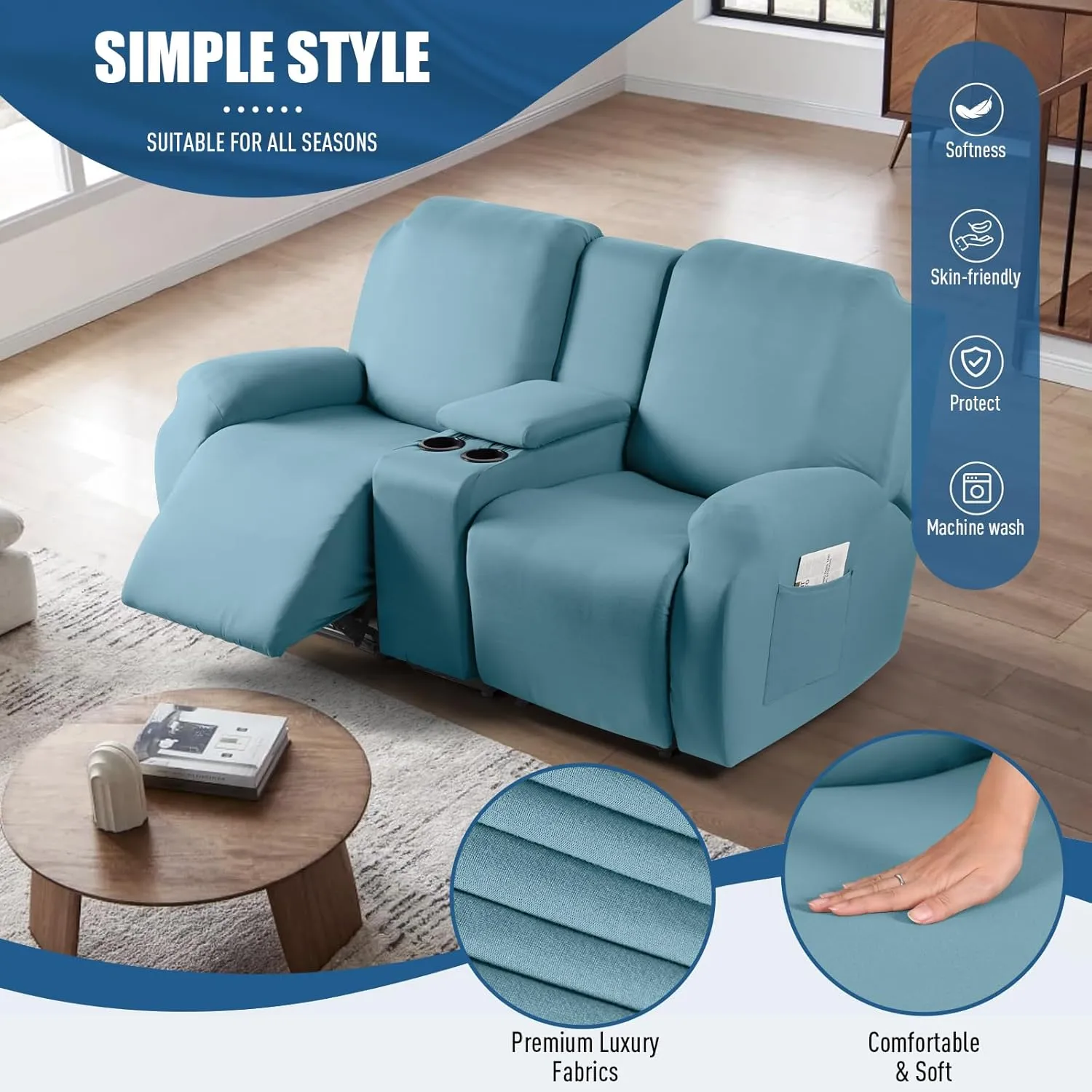 TAOCOCO Reclining Loveseat with Middle Console Slipcover, 4 Piece Polyester Fabric Stretch Loveseat Recliner Sofa Covers, Soft Washable Furniture Protector (Aqua Blue, 2 Seater with Console Cover)