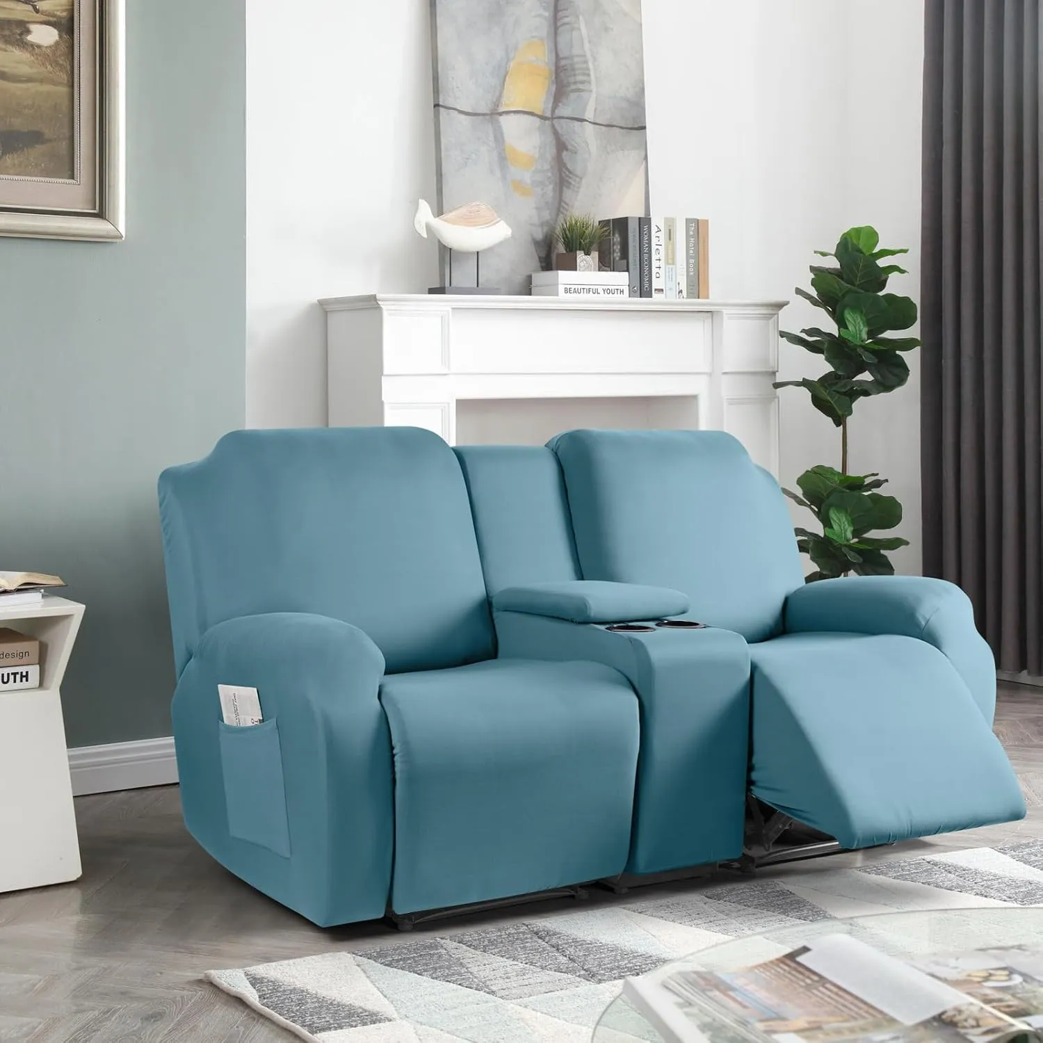 TAOCOCO Reclining Loveseat with Middle Console Slipcover, 4 Piece Polyester Fabric Stretch Loveseat Recliner Sofa Covers, Soft Washable Furniture Protector (Aqua Blue, 2 Seater with Console Cover)