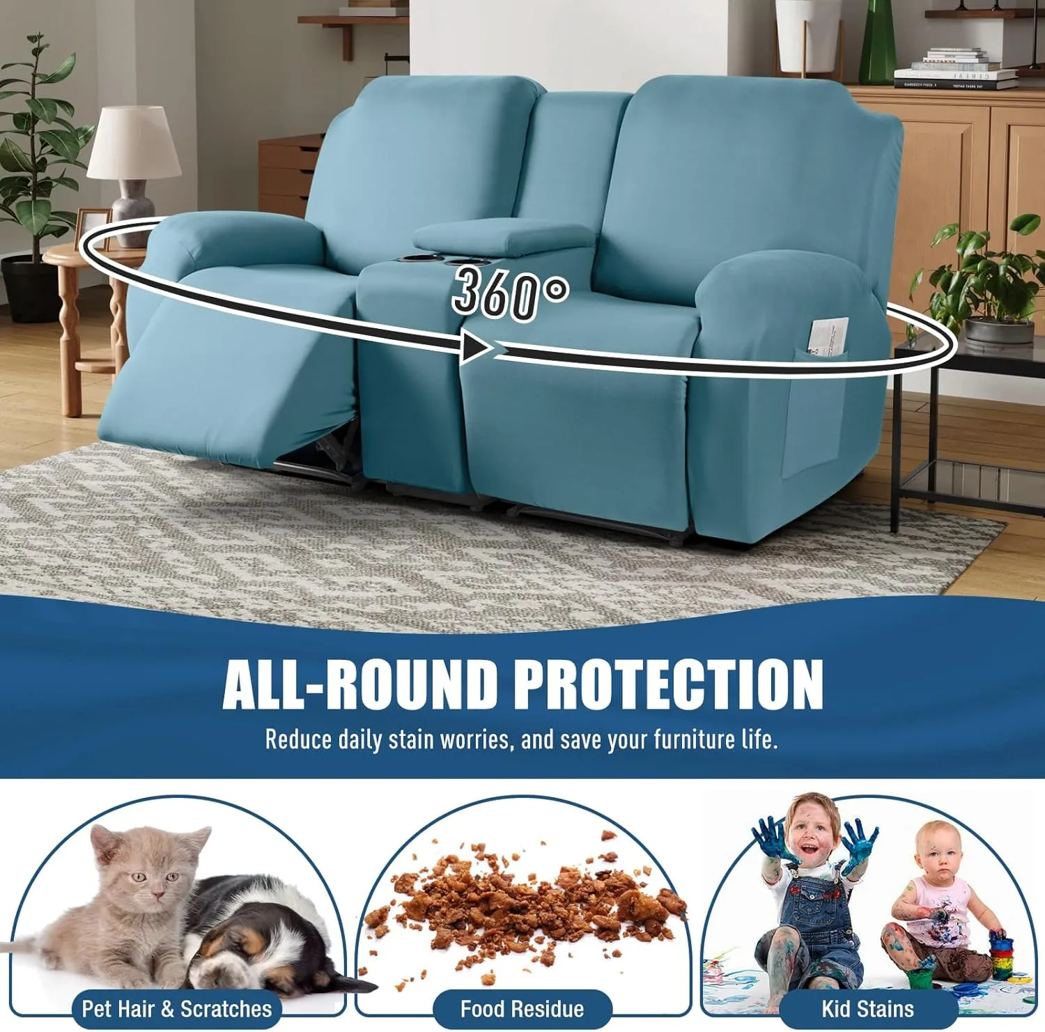 TAOCOCO Reclining Loveseat with Middle Console Slipcover, 4 Piece Polyester Fabric Stretch Loveseat Recliner Sofa Covers, Soft Washable Furniture Protector (Aqua Blue, 2 Seater with Console Cover)
