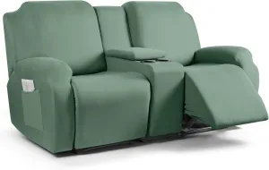 TAOCOCO Reclining Loveseat with Middle Console Slipcover, 4 Piece Polyester Fabric Stretch Loveseat Recliner Sofa Covers, Soft Washable Furniture Protector (Bean Green, 2 Seater with Console Cover)