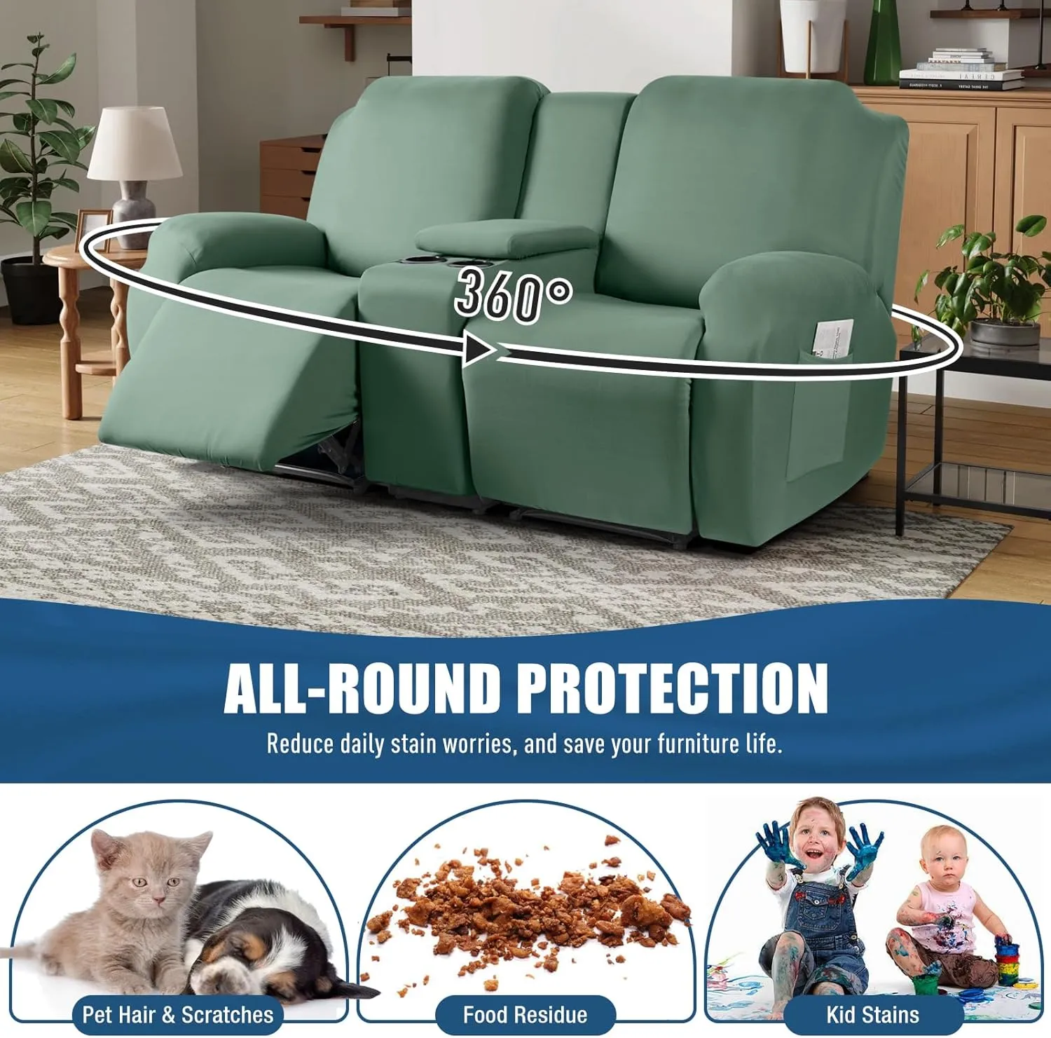TAOCOCO Reclining Loveseat with Middle Console Slipcover, 4 Piece Polyester Fabric Stretch Loveseat Recliner Sofa Covers, Soft Washable Furniture Protector (Bean Green, 2 Seater with Console Cover)