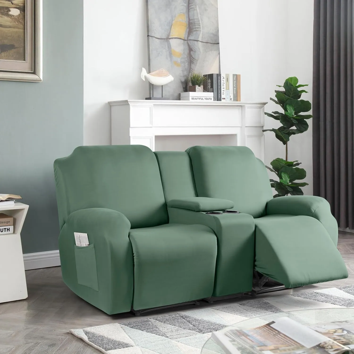 TAOCOCO Reclining Loveseat with Middle Console Slipcover, 4 Piece Polyester Fabric Stretch Loveseat Recliner Sofa Covers, Soft Washable Furniture Protector (Bean Green, 2 Seater with Console Cover)