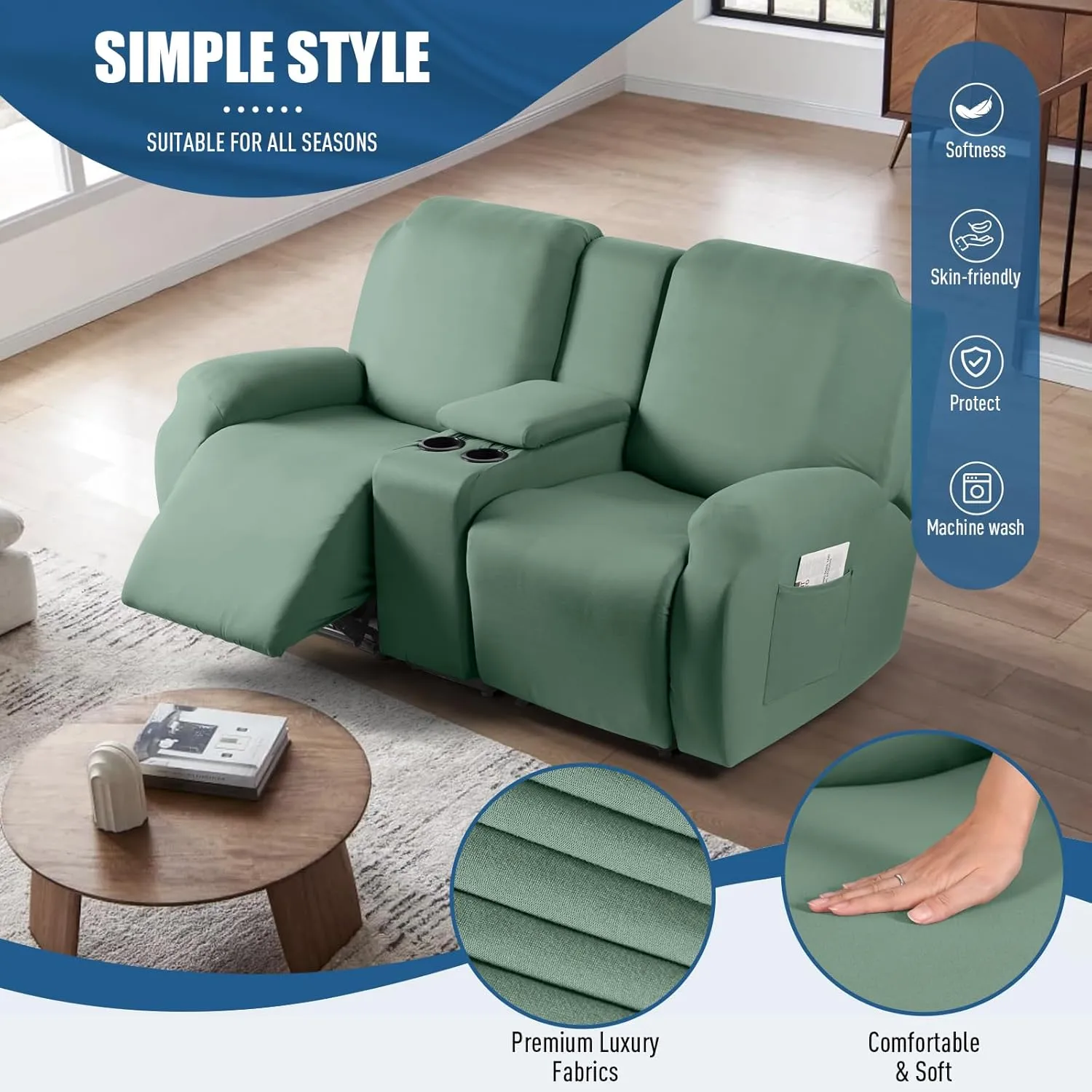 TAOCOCO Reclining Loveseat with Middle Console Slipcover, 4 Piece Polyester Fabric Stretch Loveseat Recliner Sofa Covers, Soft Washable Furniture Protector (Bean Green, 2 Seater with Console Cover)