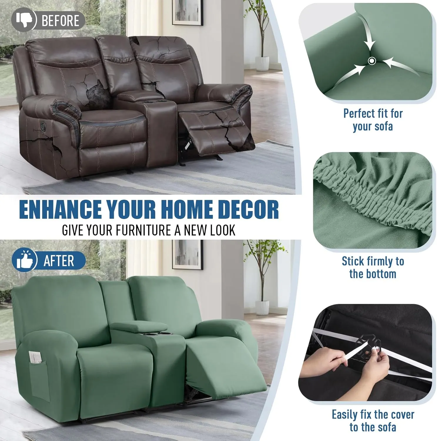 TAOCOCO Reclining Loveseat with Middle Console Slipcover, 4 Piece Polyester Fabric Stretch Loveseat Recliner Sofa Covers, Soft Washable Furniture Protector (Bean Green, 2 Seater with Console Cover)