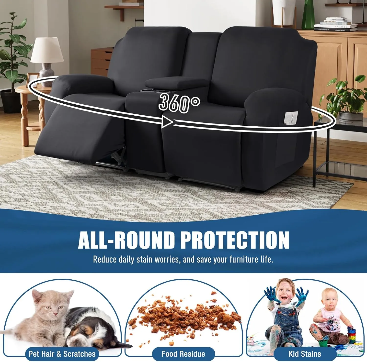 TAOCOCO Reclining Loveseat with Middle Console Slipcover, 4 Piece Polyester Fabric Stretch Loveseat Reclining Sofa Covers (Black, 2 Seat Recliner Cover with Console)