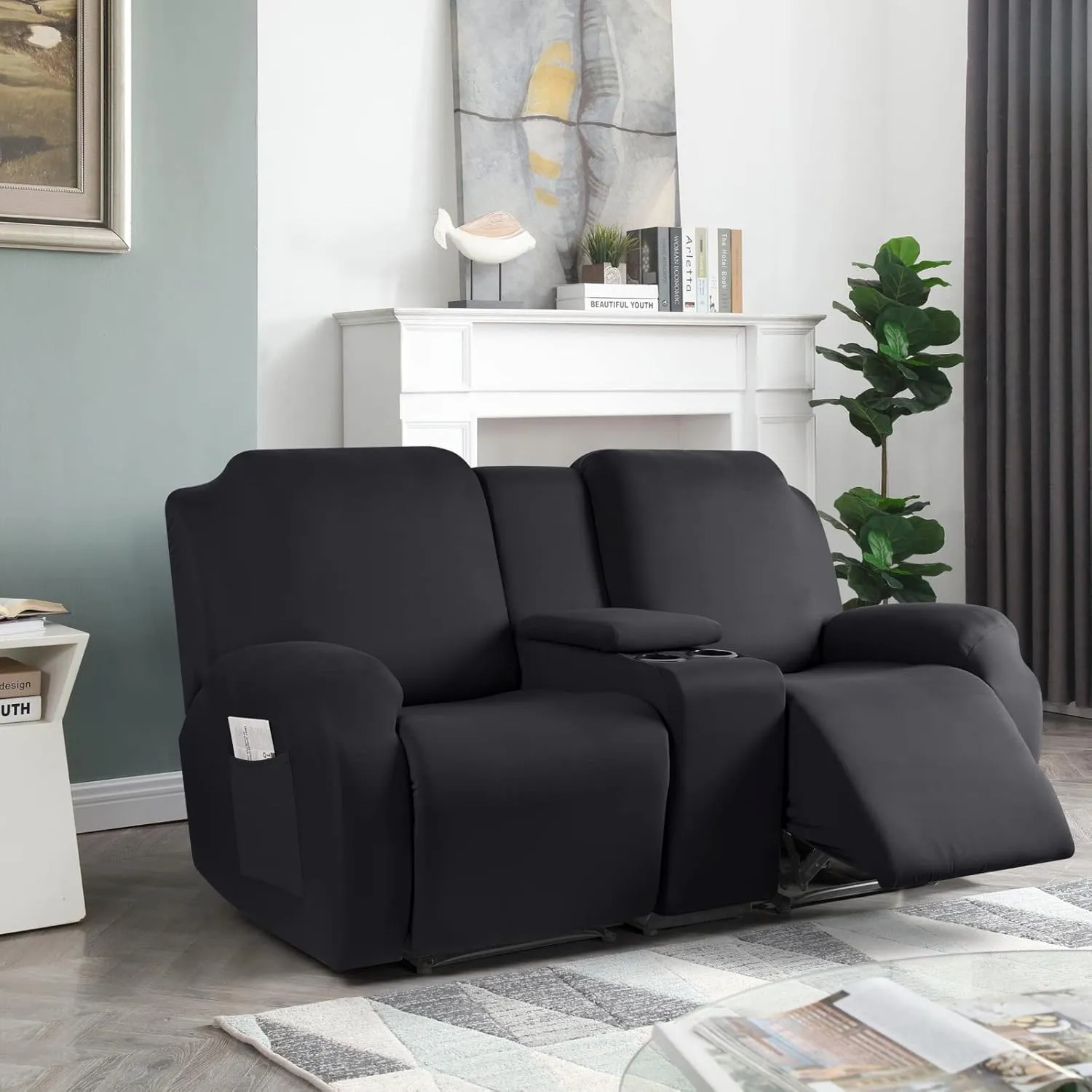 TAOCOCO Reclining Loveseat with Middle Console Slipcover, 4 Piece Polyester Fabric Stretch Loveseat Reclining Sofa Covers (Black, 2 Seat Recliner Cover with Console)