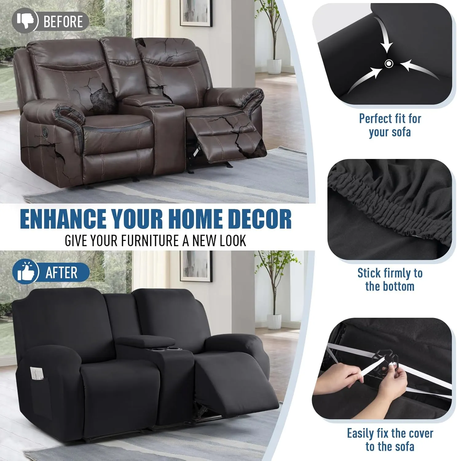 TAOCOCO Reclining Loveseat with Middle Console Slipcover, 4 Piece Polyester Fabric Stretch Loveseat Reclining Sofa Covers (Black, 2 Seat Recliner Cover with Console)