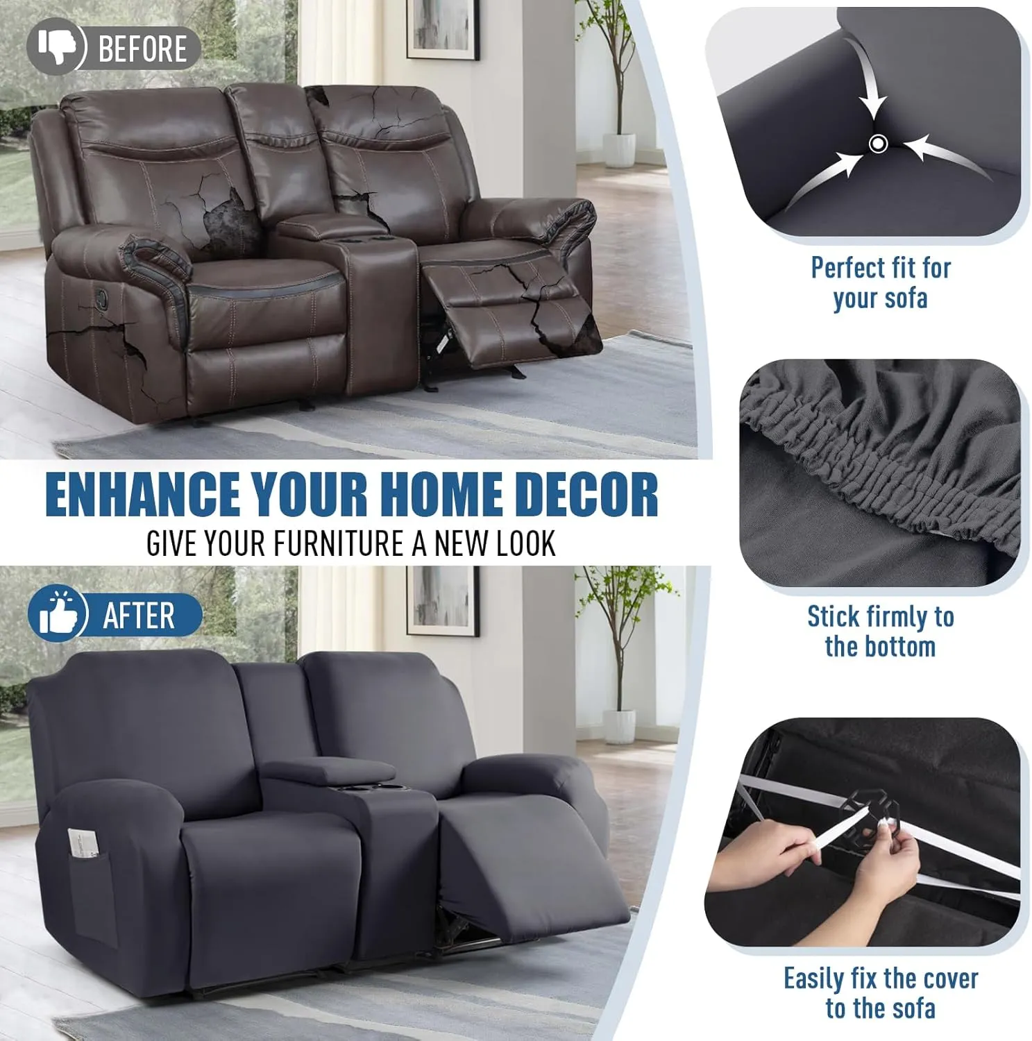 TAOCOCO Reclining Loveseat with Middle Console Slipcover, 4 Piece Polyester Fabric Stretch Loveseat Reclining Sofa Covers (Dark Gray, 2 Seat Recliner Cover with Console)