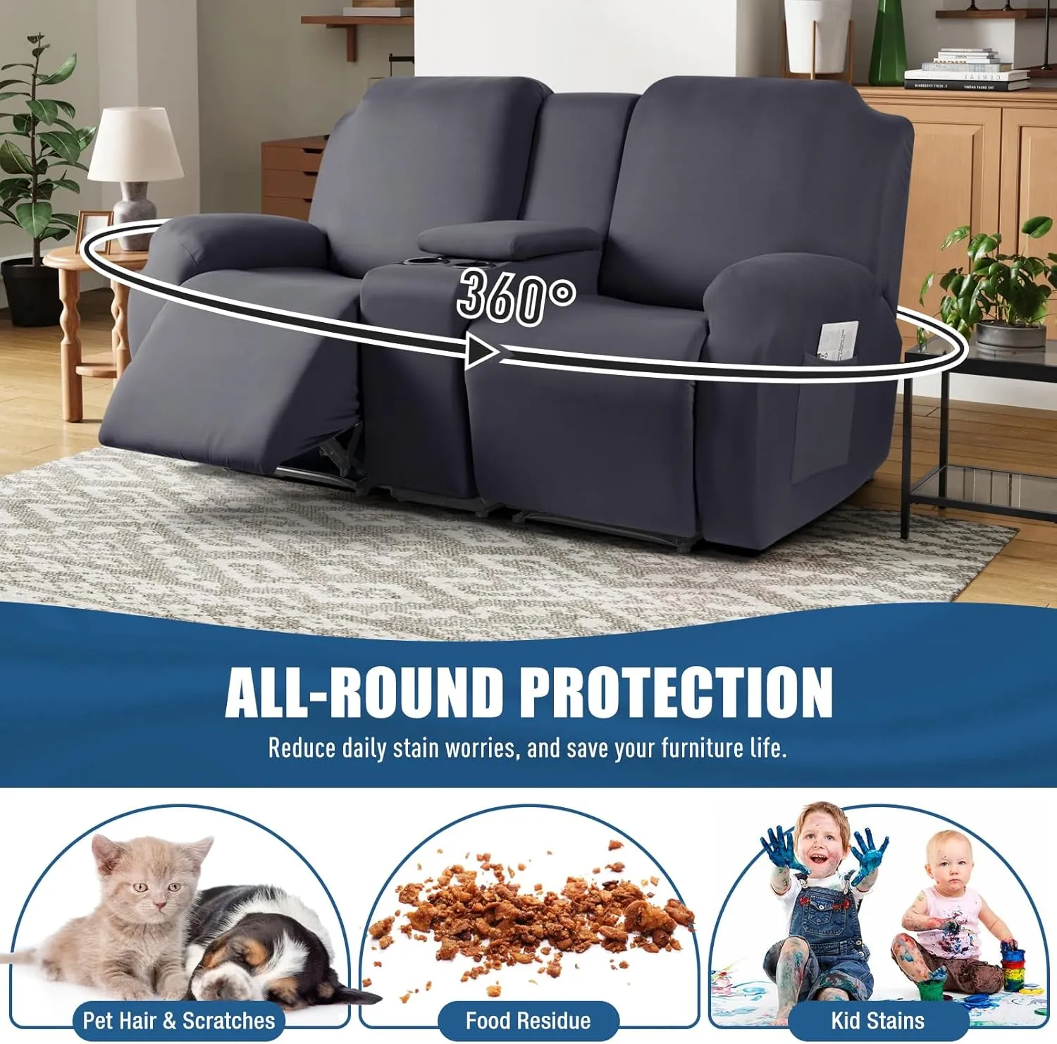TAOCOCO Reclining Loveseat with Middle Console Slipcover, 4 Piece Polyester Fabric Stretch Loveseat Reclining Sofa Covers (Dark Gray, 2 Seat Recliner Cover with Console)