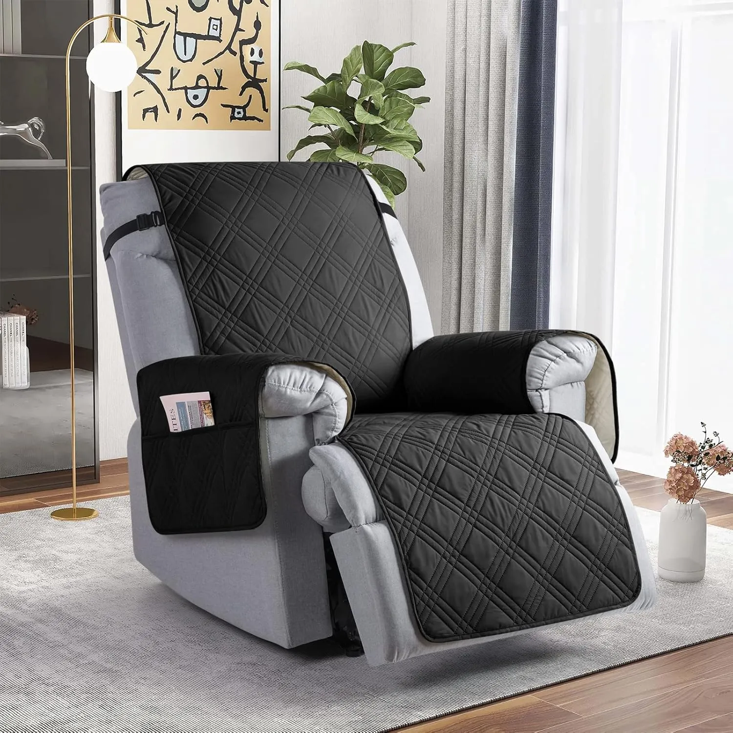 TAOCOCO Waterproof Recliner Chair Covers 30 Inch Wide, Oversized Recliner Covers for Recliner Chair with Pocket, Recliner Slipcovers with Straps Furniture Protector for Kids Pets (30'', Black)