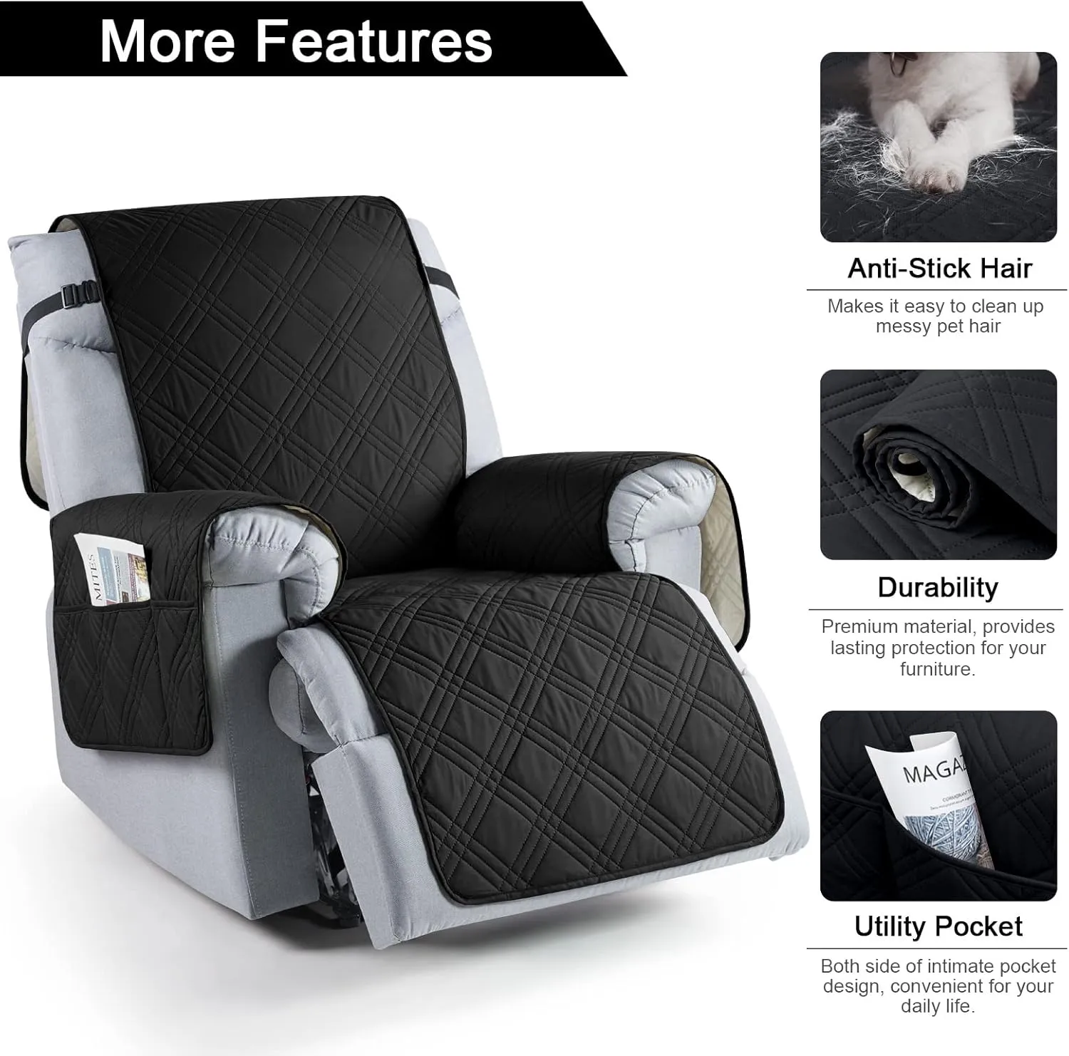 TAOCOCO Waterproof Recliner Chair Covers 30 Inch Wide, Oversized Recliner Covers for Recliner Chair with Pocket, Recliner Slipcovers with Straps Furniture Protector for Kids Pets (30'', Black)
