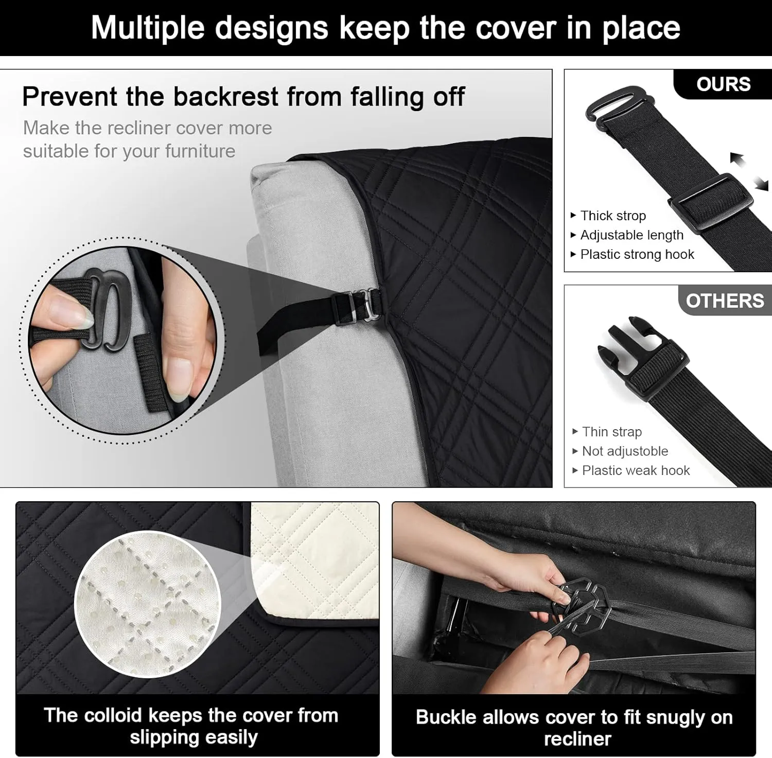 TAOCOCO Waterproof Recliner Chair Covers 30 Inch Wide, Oversized Recliner Covers for Recliner Chair with Pocket, Recliner Slipcovers with Straps Furniture Protector for Kids Pets (30'', Black)
