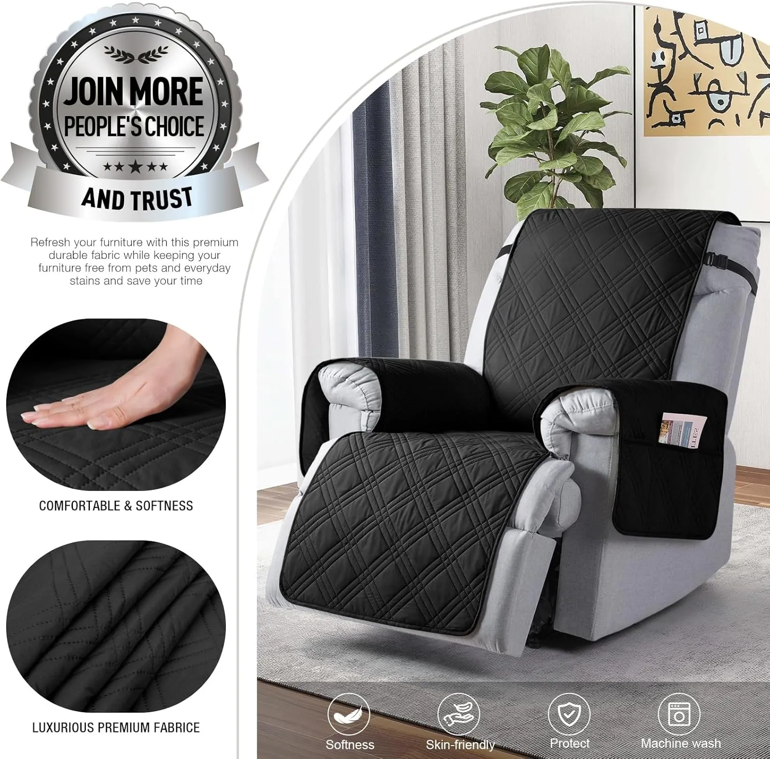 TAOCOCO Waterproof Recliner Chair Covers 30 Inch Wide, Oversized Recliner Covers for Recliner Chair with Pocket, Recliner Slipcovers with Straps Furniture Protector for Kids Pets (30'', Black)