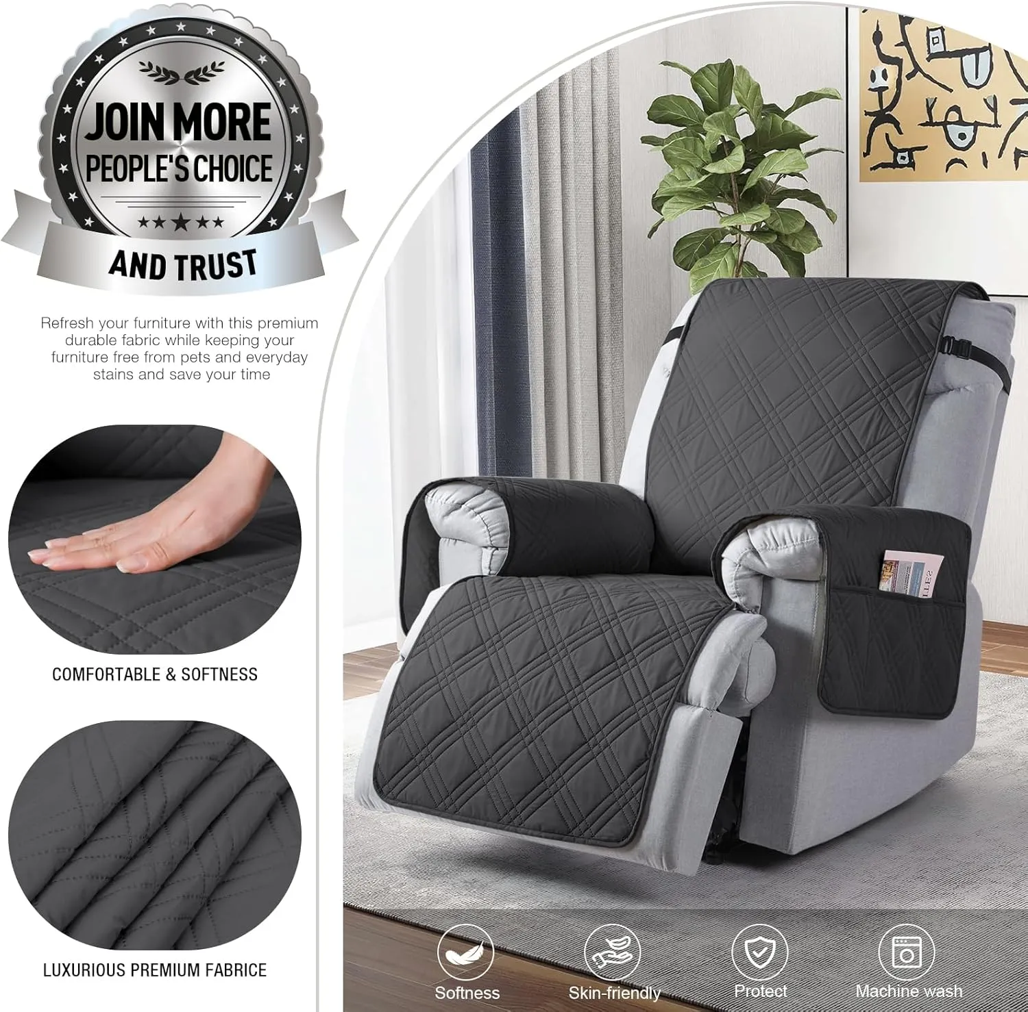 TAOCOCO Waterproof Recliner Chair Covers 30 Inch Wide, Oversized Recliner Covers for Recliner Chair with Pocket, Recliner Slipcovers with Straps Furniture Protector for Kids Pets (30'', Charcoal Gray)