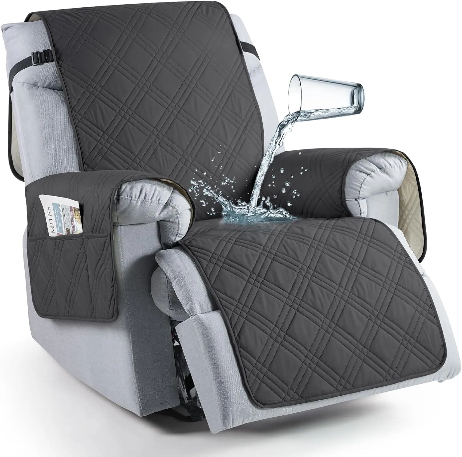 TAOCOCO Waterproof Recliner Chair Covers 30 Inch Wide, Oversized Recliner Covers for Recliner Chair with Pocket, Recliner Slipcovers with Straps Furniture Protector for Kids Pets (30'', Charcoal Gray)
