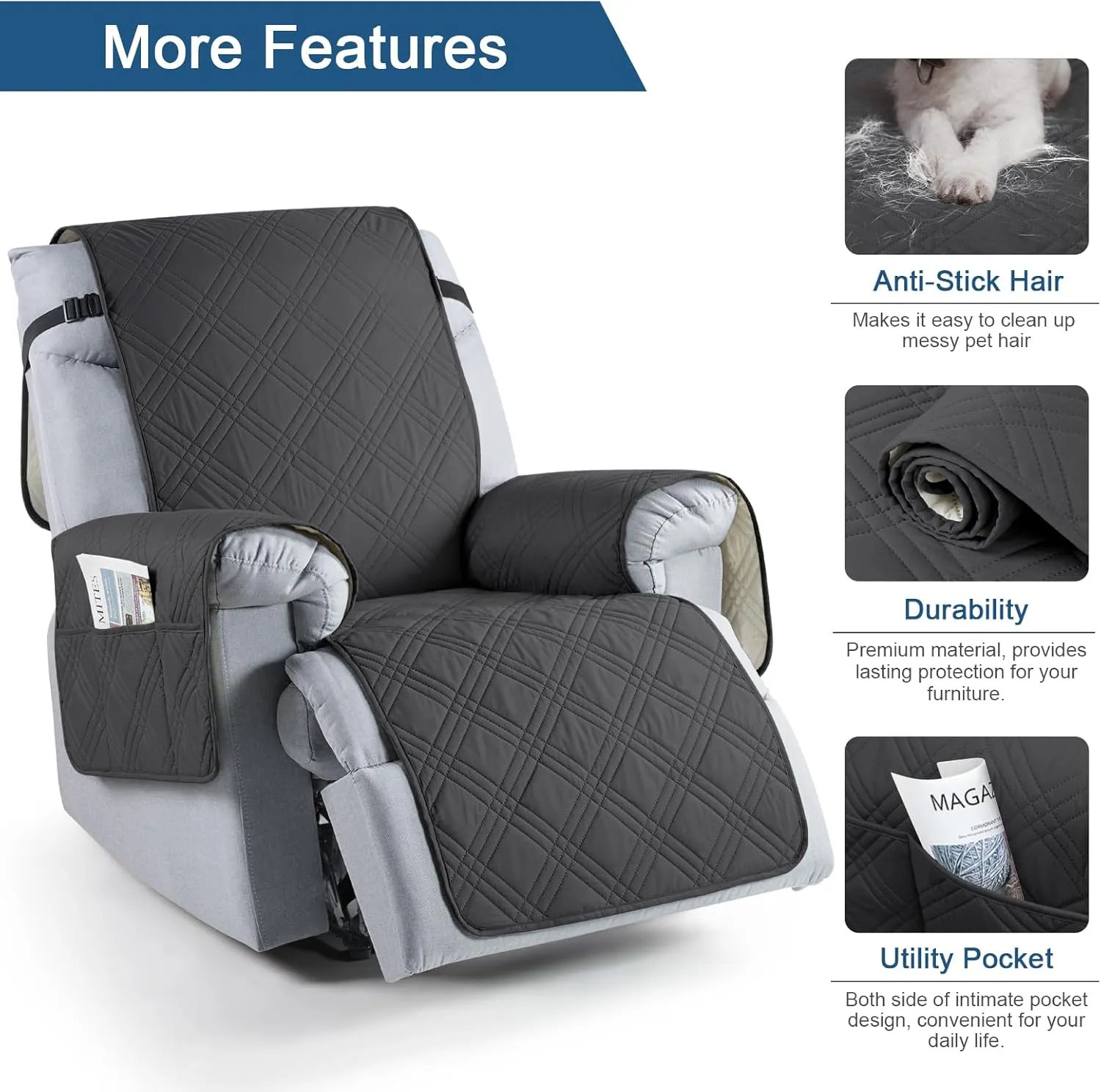 TAOCOCO Waterproof Recliner Chair Covers 30 Inch Wide, Oversized Recliner Covers for Recliner Chair with Pocket, Recliner Slipcovers with Straps Furniture Protector for Kids Pets (30'', Charcoal Gray)