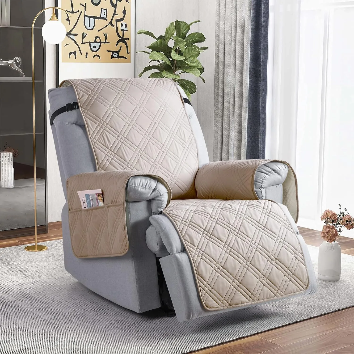 TAOCOCO Waterproof Recliner Chair Covers 30 Inch Wide, Oversized Recliner Covers for Recliner Chair with Pocket, Recliner Slipcovers with Straps Furniture Protector for Kids Pets (30'', Cream)