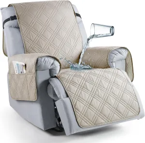 TAOCOCO Waterproof Recliner Chair Covers 30 Inch Wide, Oversized Recliner Covers for Recliner Chair with Pocket, Recliner Slipcovers with Straps Furniture Protector for Kids Pets (30'', Cream)