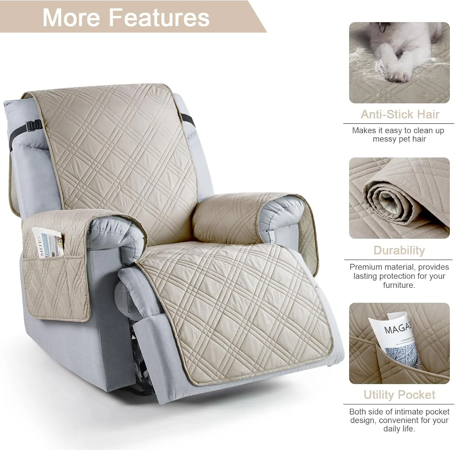 TAOCOCO Waterproof Recliner Chair Covers 30 Inch Wide, Oversized Recliner Covers for Recliner Chair with Pocket, Recliner Slipcovers with Straps Furniture Protector for Kids Pets (30'', Cream)