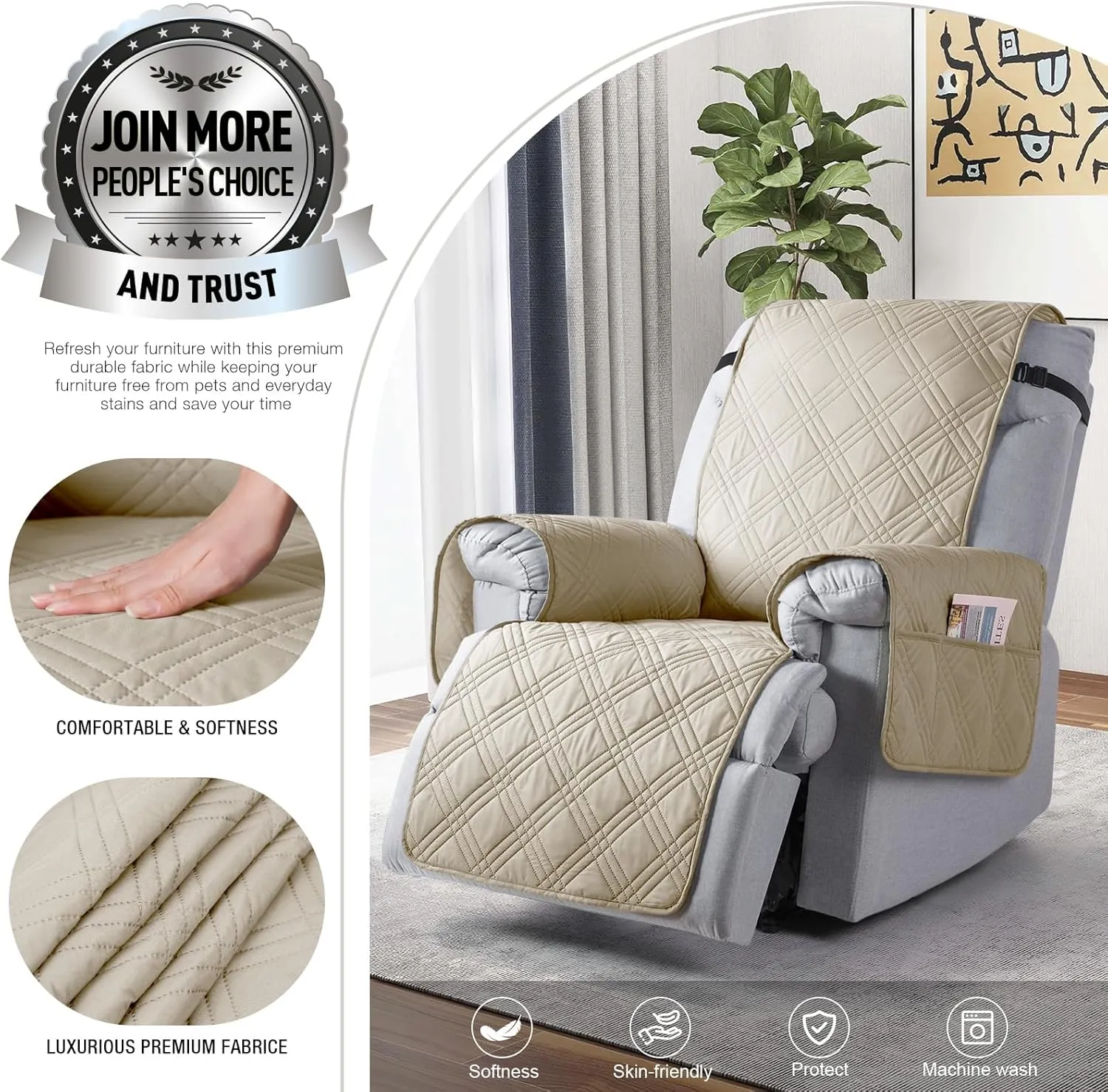 TAOCOCO Waterproof Recliner Chair Covers 30 Inch Wide, Oversized Recliner Covers for Recliner Chair with Pocket, Recliner Slipcovers with Straps Furniture Protector for Kids Pets (30'', Cream)