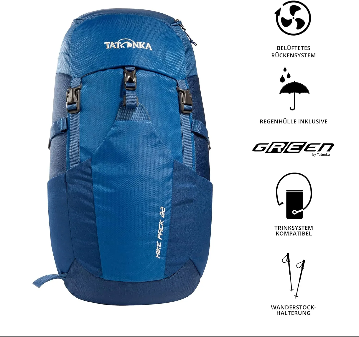Tatonka Hiking Backpack with Ventilated Back System, Hip Belt with Zip Pocket and rain Cover, Blue/Darker Blue, 22 litres
