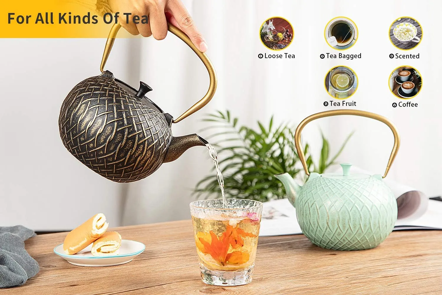 Tea Kettle, Toptier Japanese Tetsubin Cast Iron Teapot with Infuser for Loose Tea, Teapot Stovetop Safe, 34 Ounce (1000 ml), Black Melody