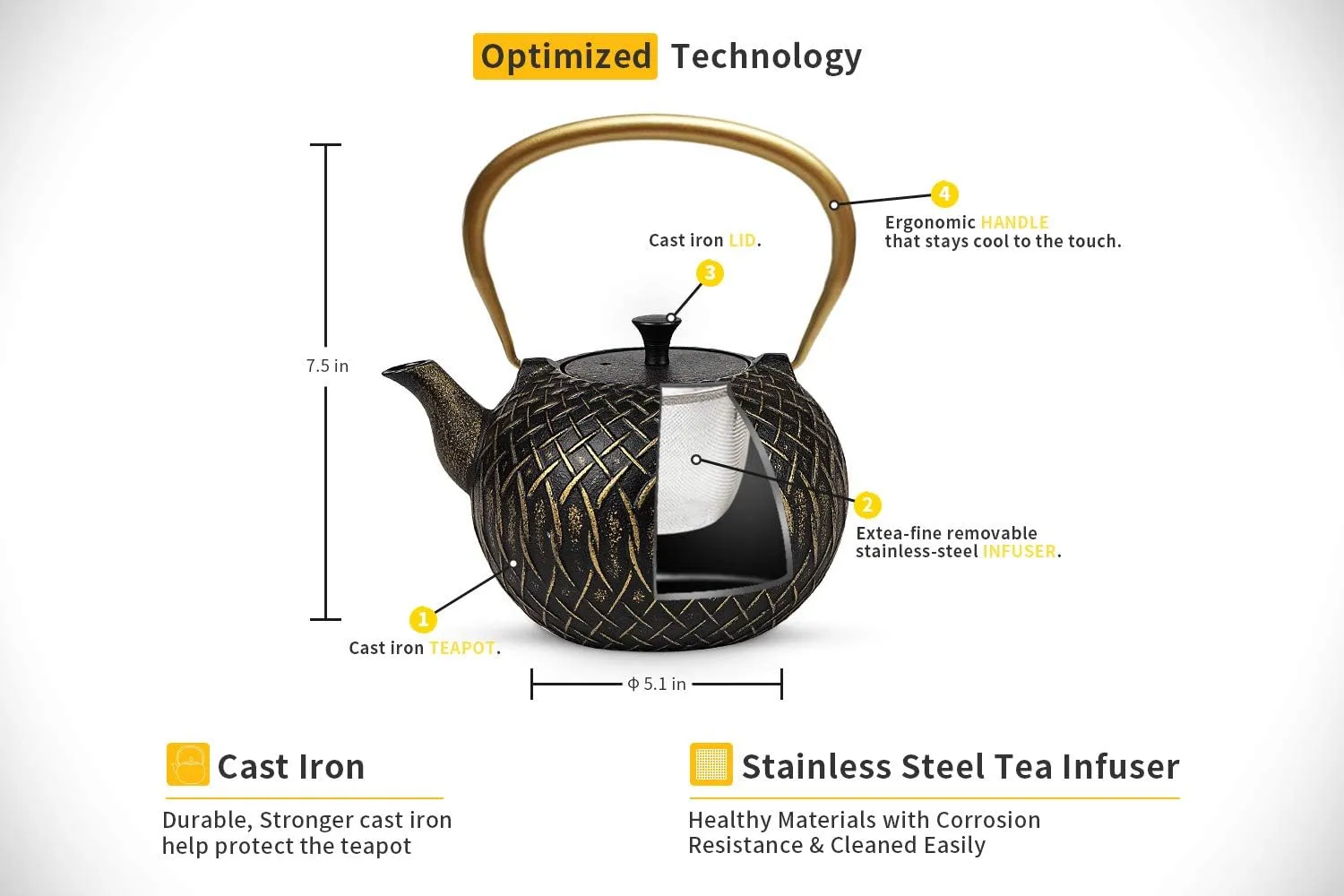 Tea Kettle, Toptier Japanese Tetsubin Cast Iron Teapot with Infuser for Loose Tea, Teapot Stovetop Safe, 34 Ounce (1000 ml), Black Melody