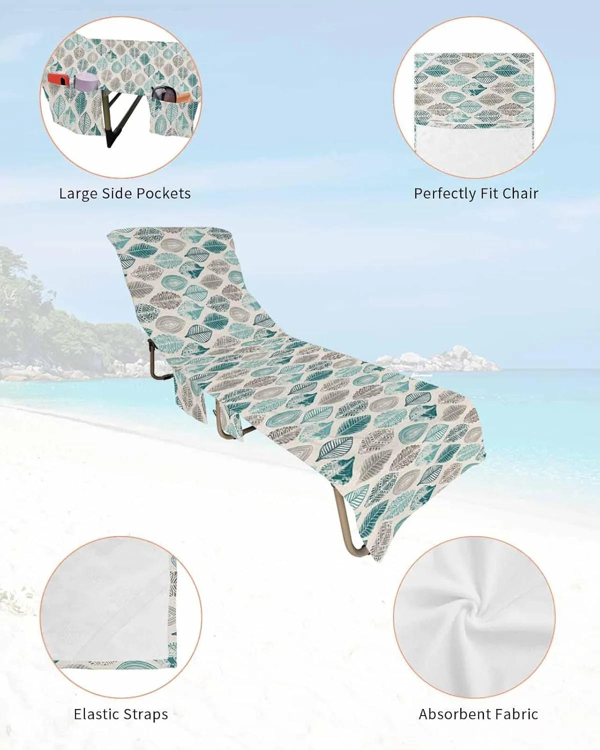 Teal Green Grey Leaves Chaise Lounger Cover with Pockets, Pool Lounge Chair Covers 85"x29", Summer Fall Leaf Linen Texture Microfiber Beach Chair Cover for Outdoor Patio Sunbathing