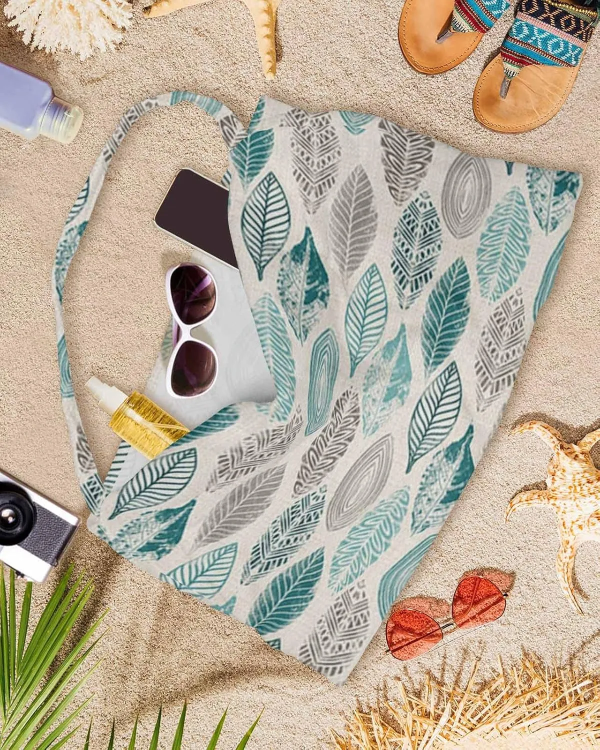 Teal Green Grey Leaves Chaise Lounger Cover with Pockets, Pool Lounge Chair Covers 85"x29", Summer Fall Leaf Linen Texture Microfiber Beach Chair Cover for Outdoor Patio Sunbathing