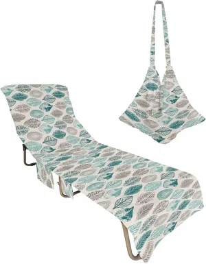 Teal Green Grey Leaves Chaise Lounger Cover with Pockets, Pool Lounge Chair Covers 85"x29", Summer Fall Leaf Linen Texture Microfiber Beach Chair Cover for Outdoor Patio Sunbathing