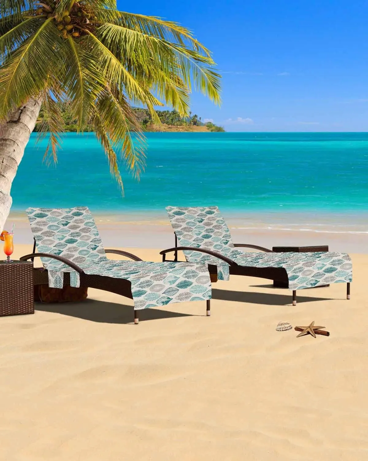 Teal Green Grey Leaves Chaise Lounger Cover with Pockets, Pool Lounge Chair Covers 85"x29", Summer Fall Leaf Linen Texture Microfiber Beach Chair Cover for Outdoor Patio Sunbathing