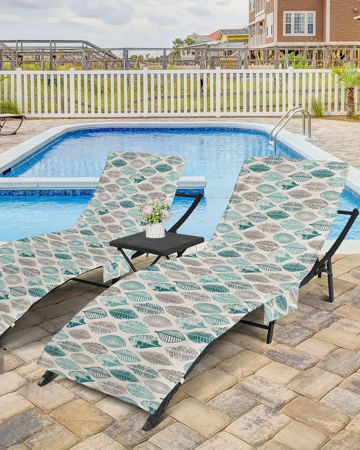 Teal Green Grey Leaves Chaise Lounger Cover with Pockets, Pool Lounge Chair Covers 85"x29", Summer Fall Leaf Linen Texture Microfiber Beach Chair Cover for Outdoor Patio Sunbathing