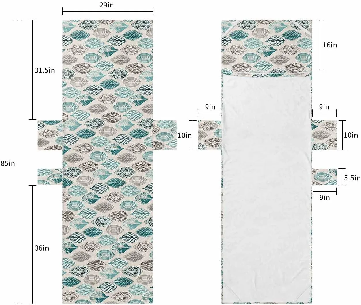 Teal Green Grey Leaves Chaise Lounger Cover with Pockets, Pool Lounge Chair Covers 85"x29", Summer Fall Leaf Linen Texture Microfiber Beach Chair Cover for Outdoor Patio Sunbathing