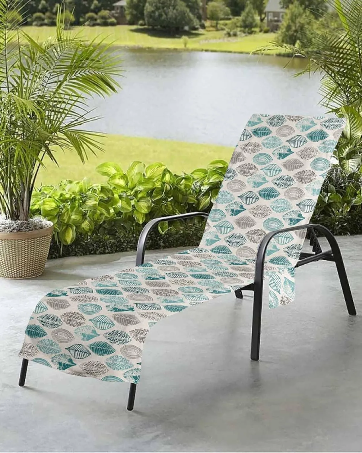 Teal Green Grey Leaves Chaise Lounger Cover with Pockets, Pool Lounge Chair Covers 85"x29", Summer Fall Leaf Linen Texture Microfiber Beach Chair Cover for Outdoor Patio Sunbathing