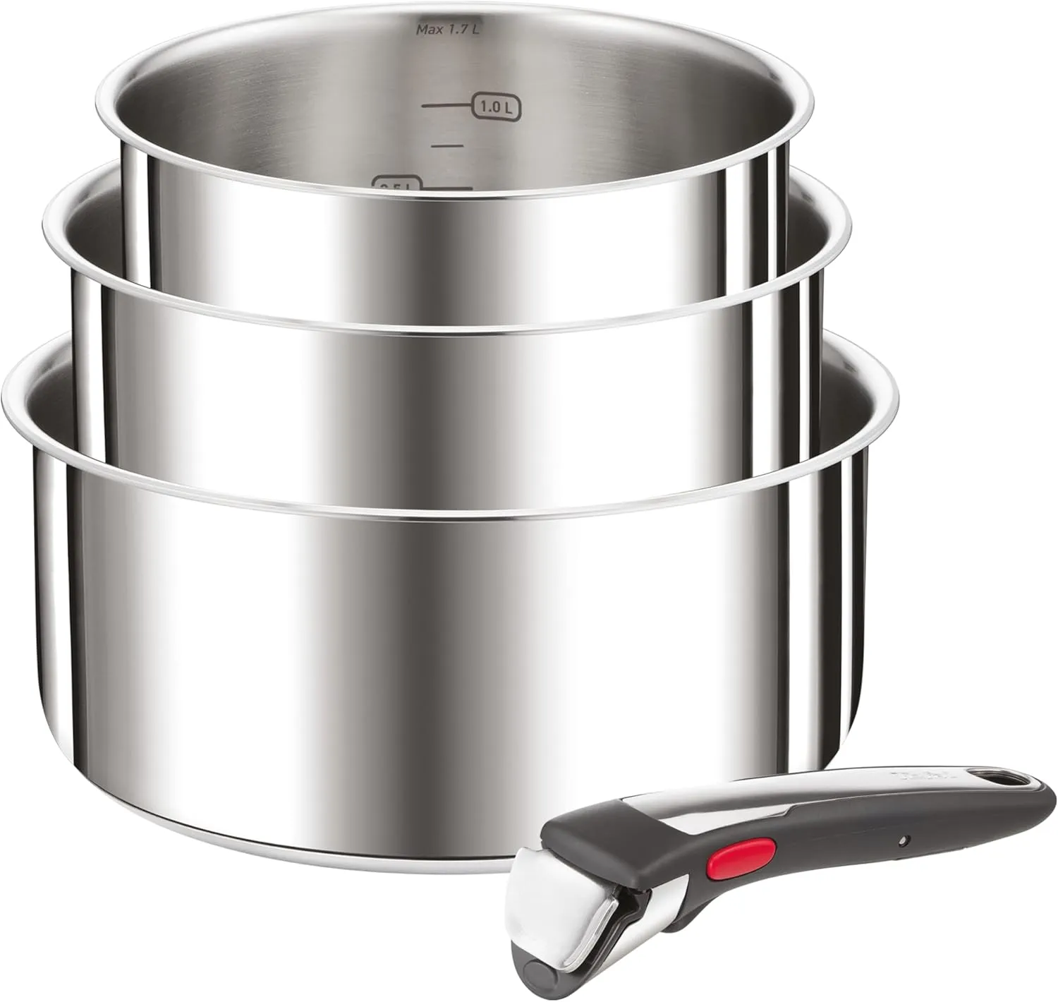Tefal Ingenio Preference On 4-Piece Casserole Set, 16, 18 and 20 cm, Saucepan Set, Removable Handle, Pot Set, Induction Stackable, Space-Saving, Easy to Use and Clean, Stainless Steel, L898S3