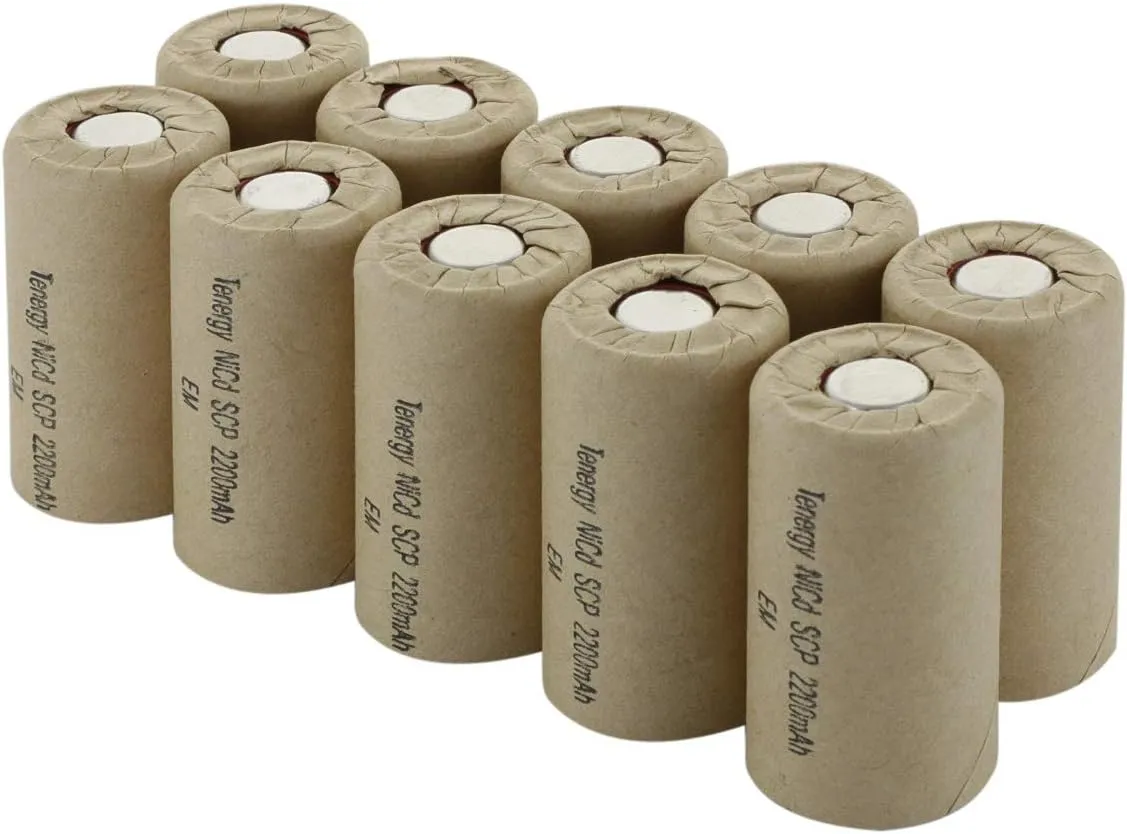 Tenergy 10 Pack of NiCd SubC 2200mAh Rechargeable Battery Flat Top Paper Wrapped for DIY Battery Pack Power for Power Tools