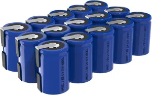 Tenergy 4/5 SubC 1.2 Volts 1300mAh NiCD Rechargeable Batteries with Tabs, Flat top, 15 Pack
