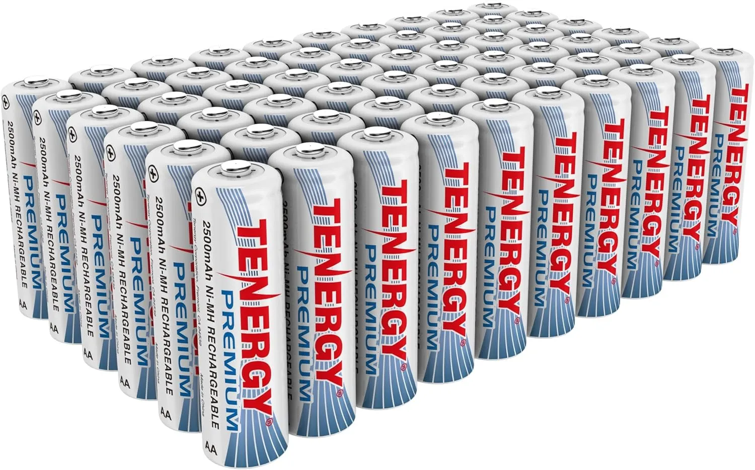 Tenergy Premium Rechargeable AA Batteries, High Capacity 2500mAh NiMH AA Battery, AA Cell Battery, 60 Pack