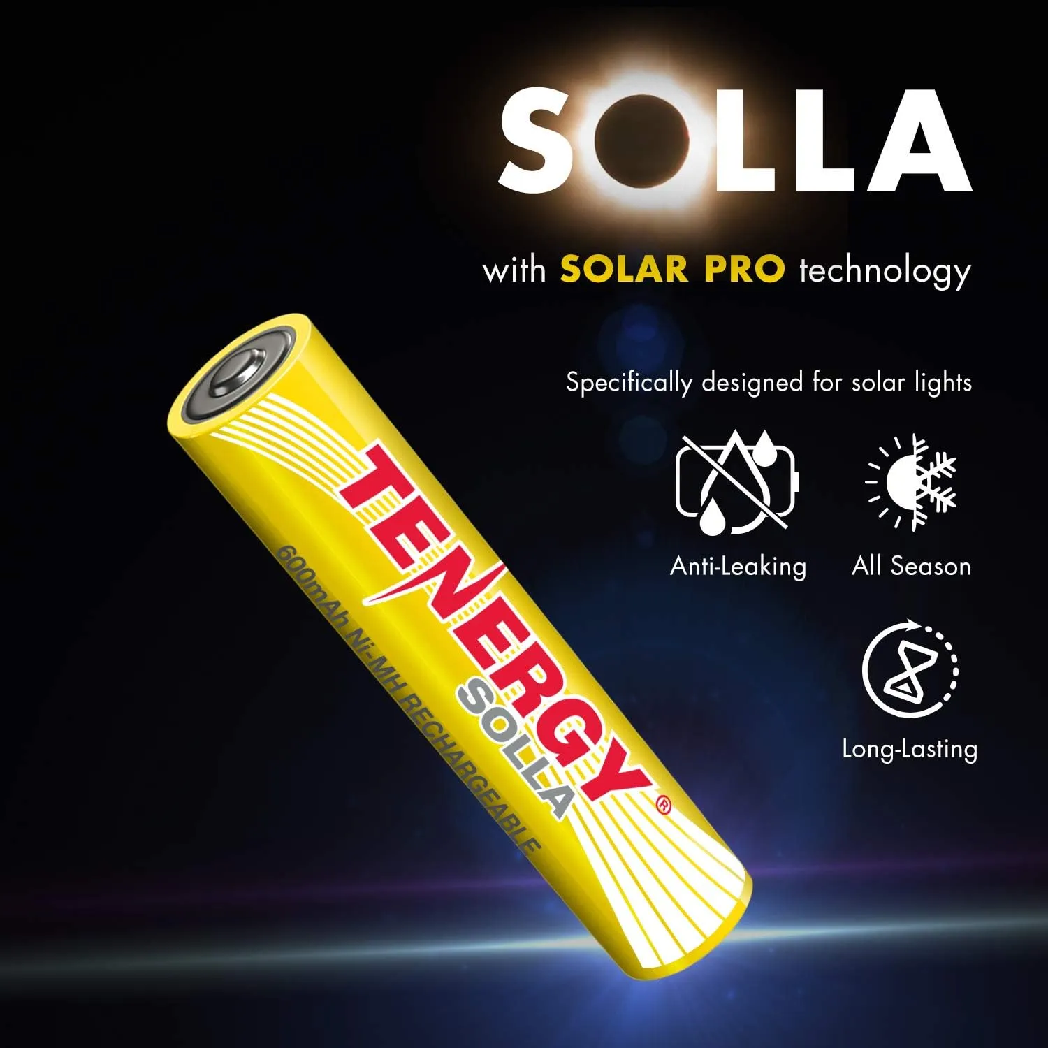 Tenergy Solla AAA Rechargeable NiMH Battery, 600mAh Solar Batteries for Outdoor Solar Lights, Outdoor Patio Lights, Anti-Leak, Outdoor Durability, 5  Years Performance, 12 Pack, UL Certified