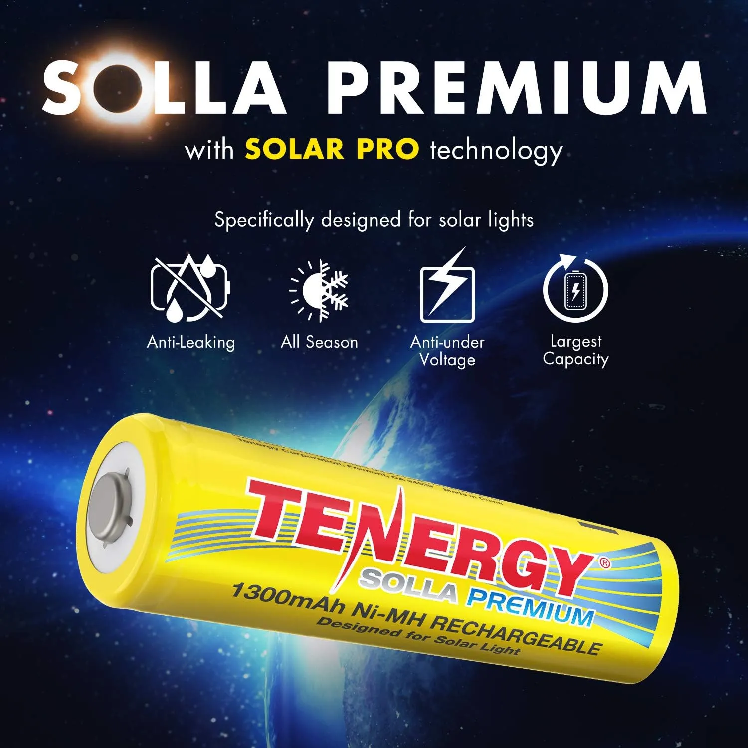 Tenergy Solla Premium Rechargeable NiMH AA Battery, 1300mAh Solar Batteries for Solar Garden Lights, Anti-Leak, Outdoor Durability, 5  Years Performance, UL Certified, Pre-Charged 20 Pack