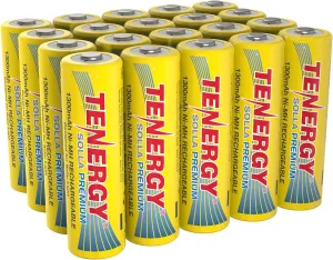 Tenergy Solla Premium Rechargeable NiMH AA Battery, 1300mAh Solar Batteries for Solar Garden Lights, Anti-Leak, Outdoor Durability, 5  Years Performance, UL Certified, Pre-Charged 20 Pack
