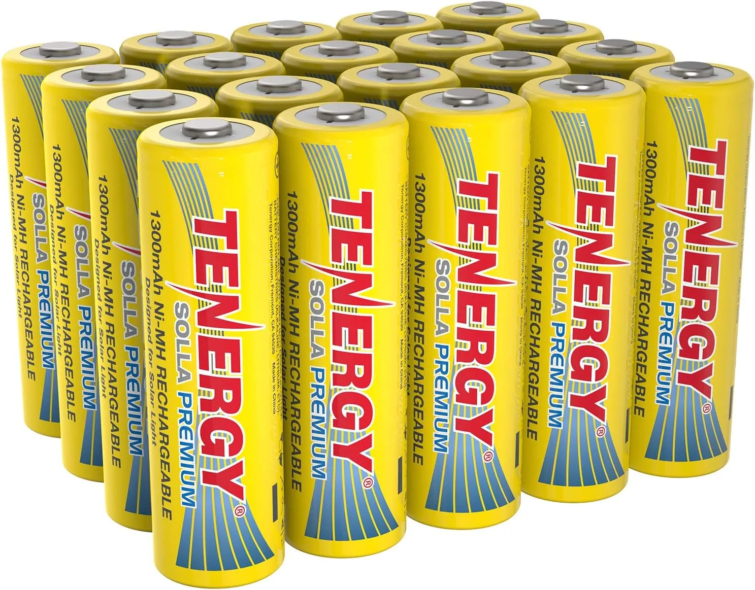 Tenergy Solla Premium Rechargeable NiMH AA Battery, 1300mAh Solar Batteries for Solar Garden Lights, Anti-Leak, Outdoor Durability, 5  Years Performance, UL Certified, Pre-Charged 20 Pack