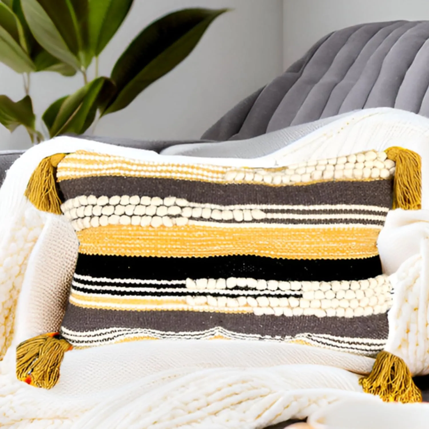 Textured Boho-Chic Throw Pillow Cover Lumbar 12" X 20" Decorative Moroccan Rustic Throw with Tufted Accents Handwoven Cotton, Neutral Farmhouse Home Decor for Living Room (Lumbar Yellow 12x20)
