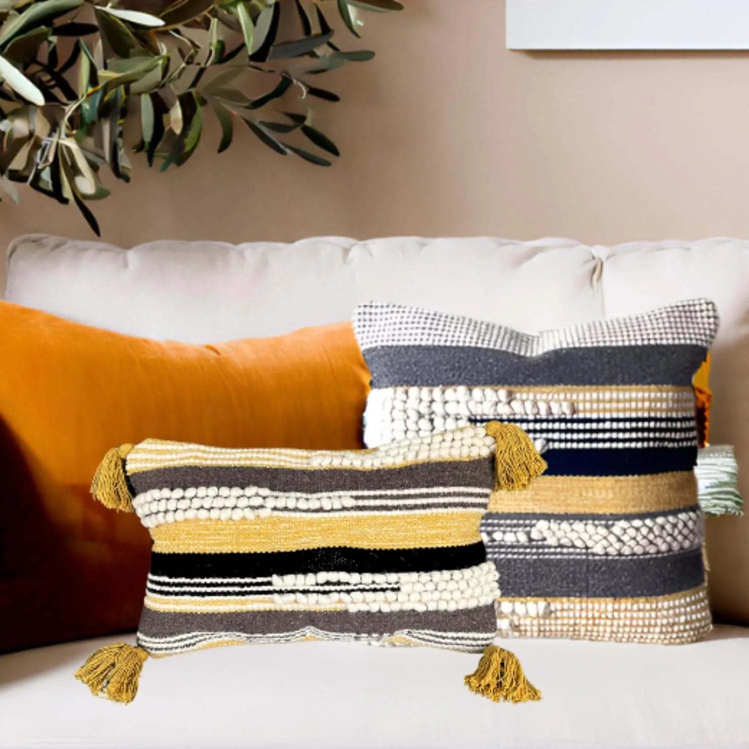 Textured Boho-Chic Throw Pillow Cover Lumbar 12" X 20" Decorative Moroccan Rustic Throw with Tufted Accents Handwoven Cotton, Neutral Farmhouse Home Decor for Living Room (Lumbar Yellow 12x20)