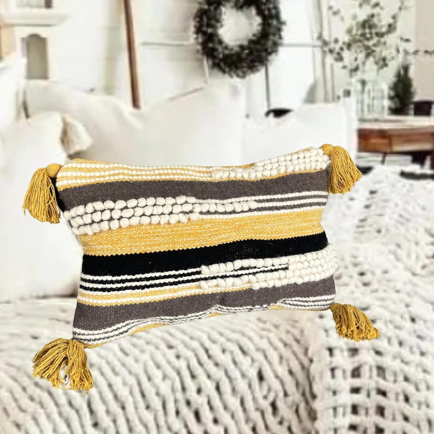 Textured Boho-Chic Throw Pillow Cover Lumbar 12" X 20" Decorative Moroccan Rustic Throw with Tufted Accents Handwoven Cotton, Neutral Farmhouse Home Decor for Living Room (Lumbar Yellow 12x20)