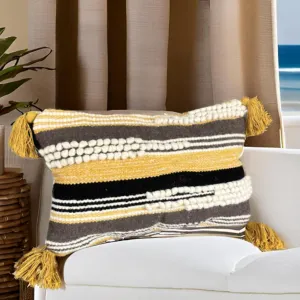 Textured Boho-Chic Throw Pillow Cover Lumbar 12" X 20" Decorative Moroccan Rustic Throw with Tufted Accents Handwoven Cotton, Neutral Farmhouse Home Decor for Living Room (Lumbar Yellow 12x20)