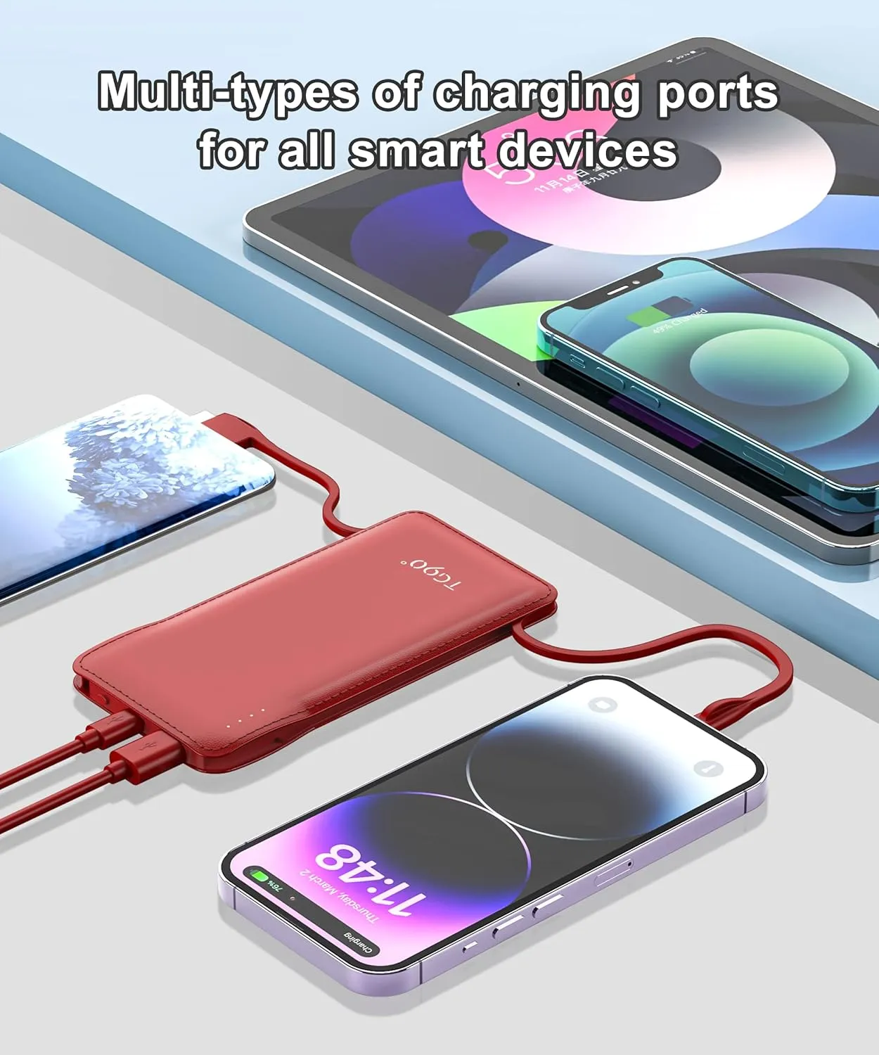 TG90° Portable Charger 10000mah Cell Phone Battery Backup, Ultra Slim Power Bank with Built in Lightning and USB-C Cable, Portable Phone Charger Battery Packs Compatible with iPhone Android Phones
