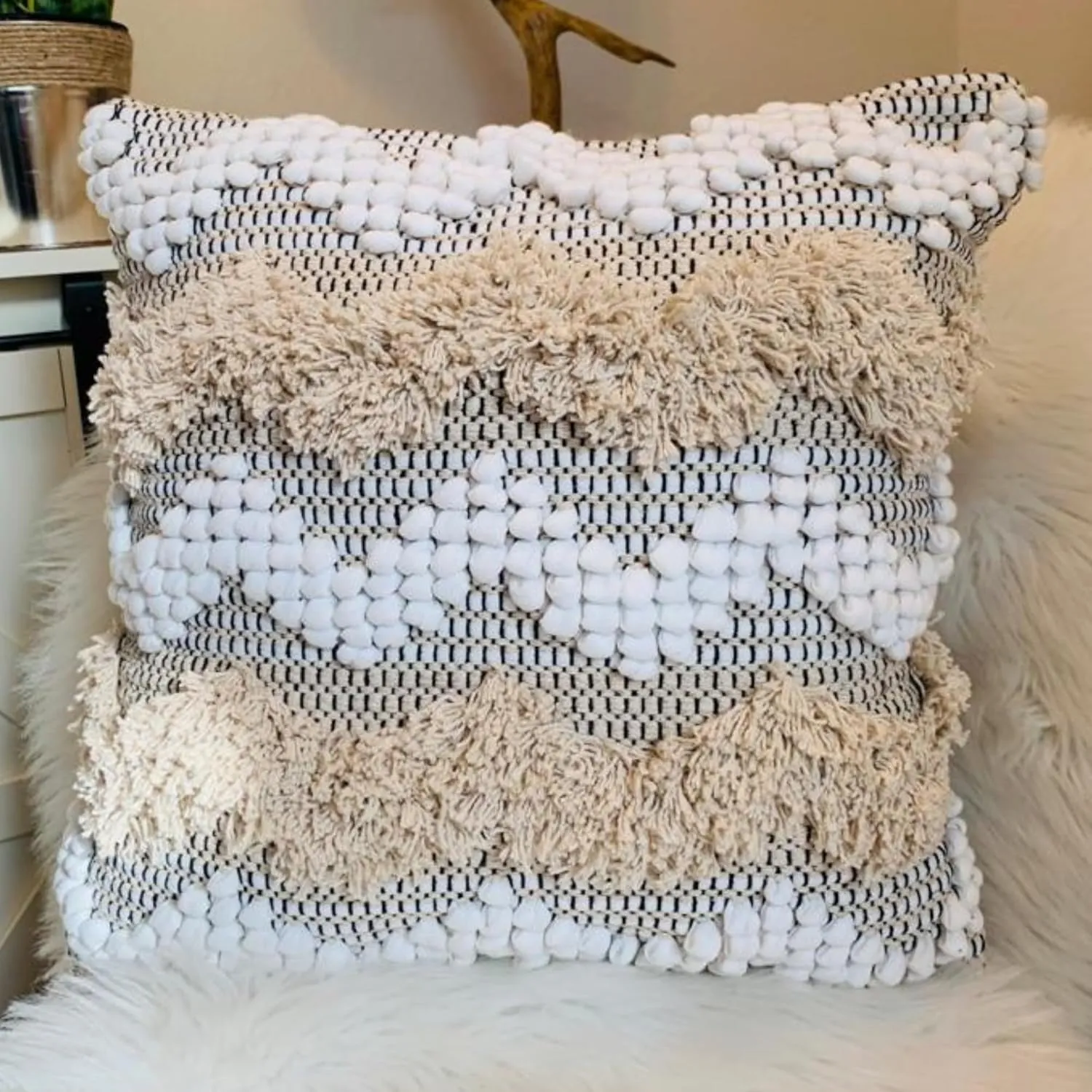 Throw Boho Pillow Cover, 18”x18” Bohemian Moroccan Rustic Decorative Pillows with Tufted Accents, Plush Handwoven Cotton, Textured Woven Neutral Farmhouse Scandinavian Home Decor (no Insert)