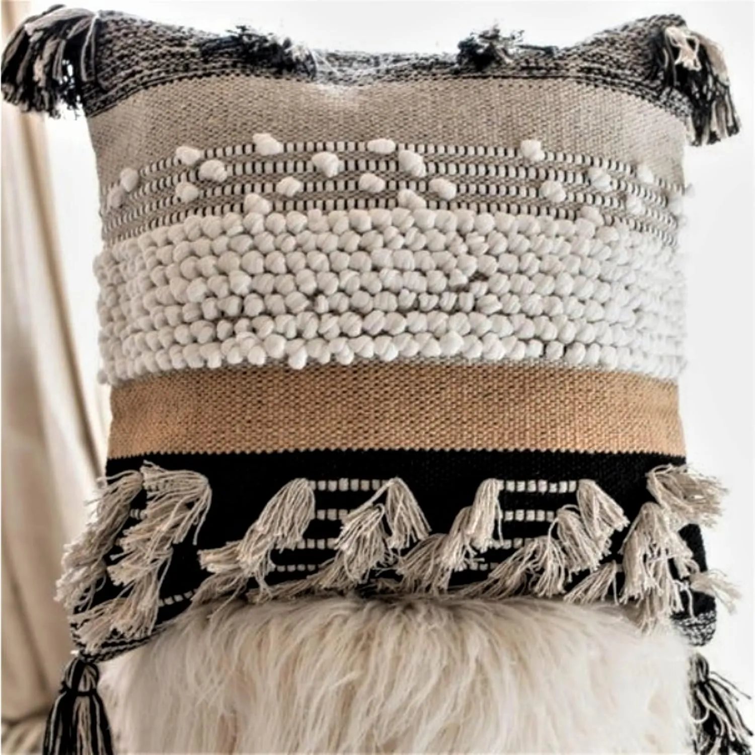 Throw Boho Pillow Cover, 18”x18” Bohemian Moroccan Rustic Decorative Pillows with Tufted Accents, Plush Handwoven Cotton, Textured Woven Neutral Farmhouse Scandinavian Home Decor